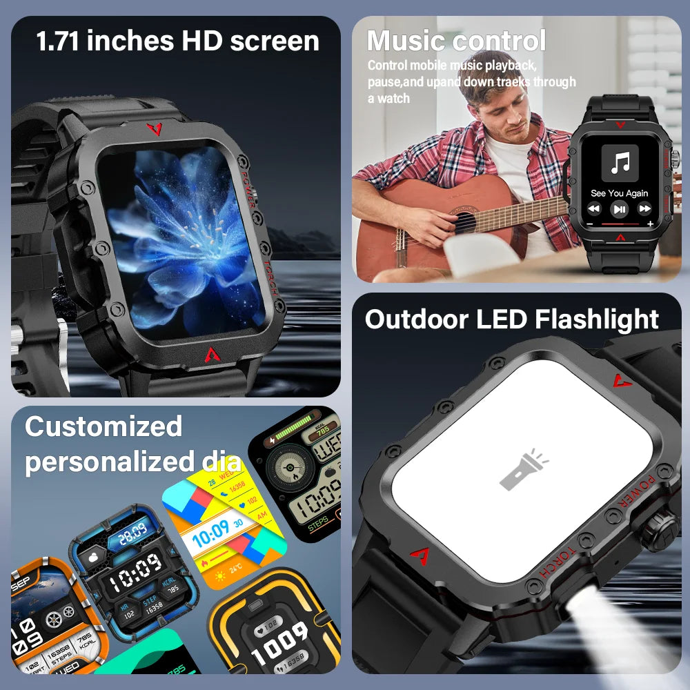 Men's Smart Watch with LED Flashlight for Outdoor Sports and Health Monitoring
