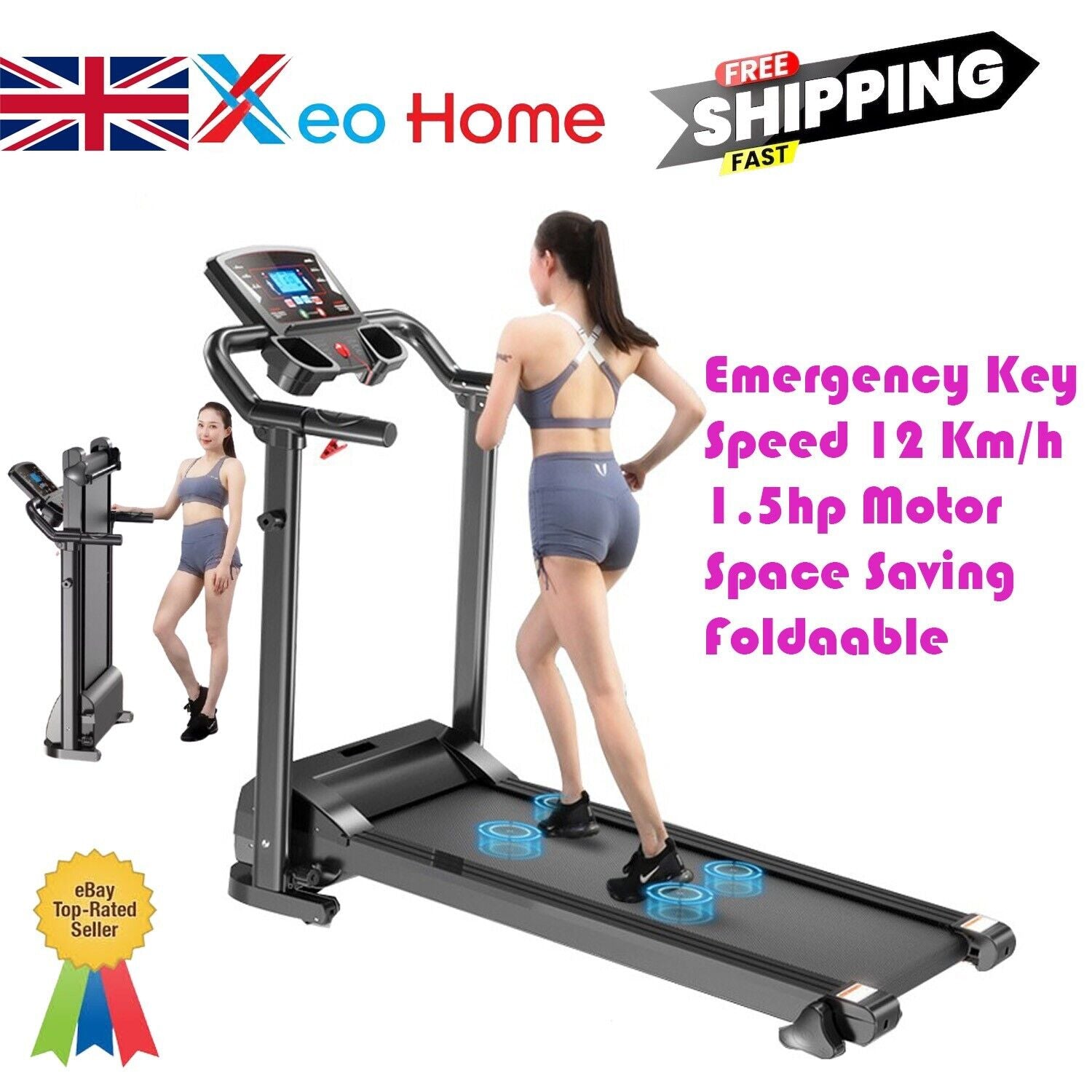 Treadmill - Running Walking Machine 9% Incline Home Gym Folding UK